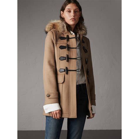 burberry detachable hood fur trim fitted duffle coat|burberry camel duffle coat.